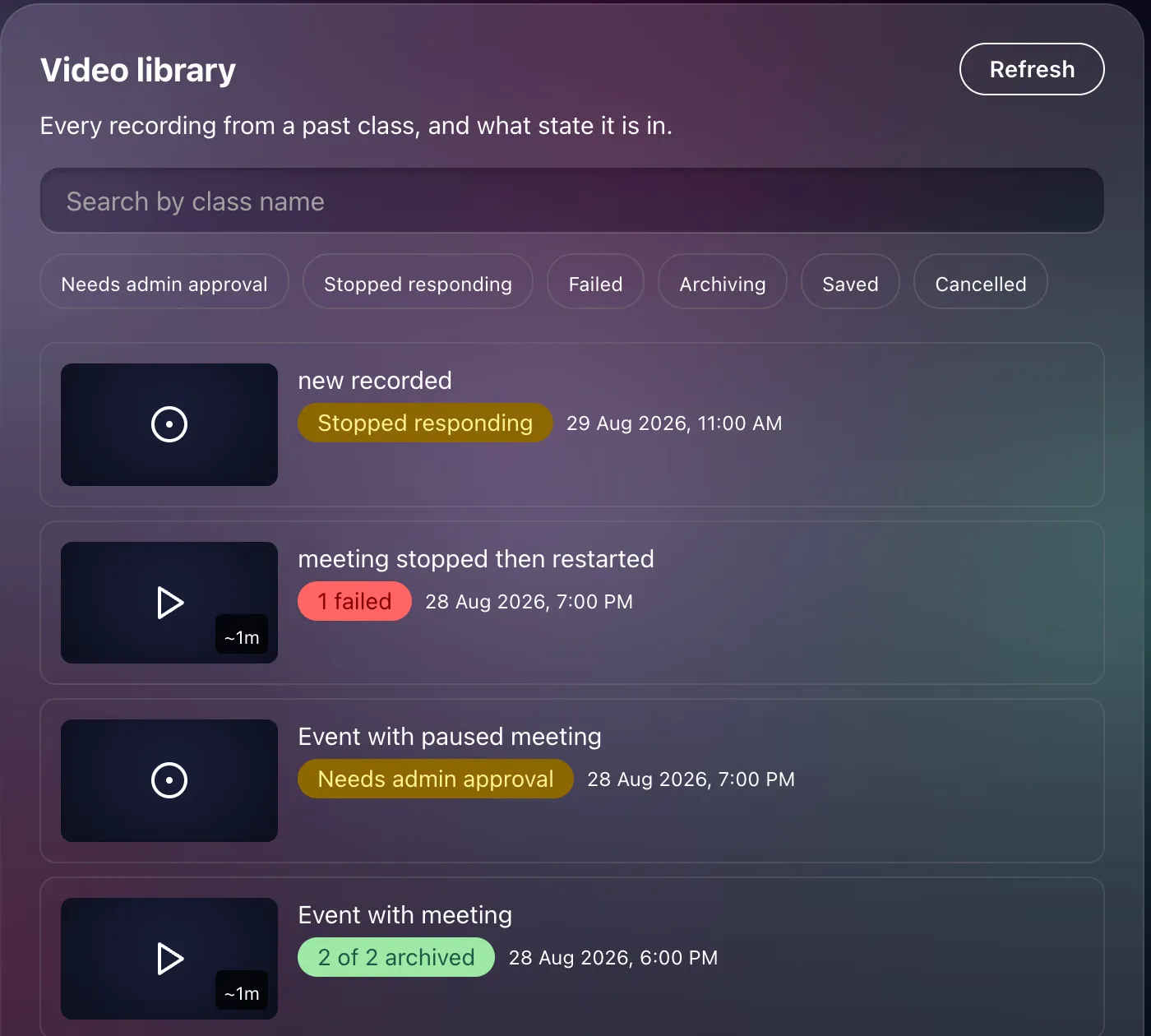 The admin Video library: search, six status filter pills, and one row per class with its status pill.