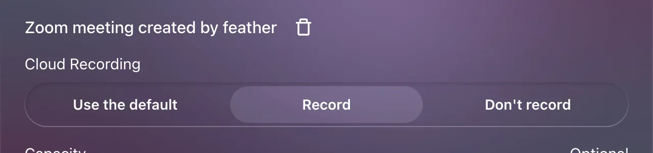 The event editor's Zoom meeting section with the Cloud Recording control: Use the default, Record, Don't record.