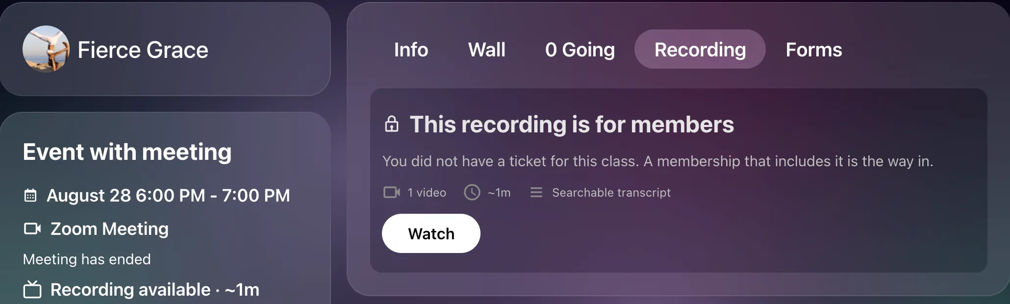 The locked Recording tab: This recording is for members, what the recording contains, and a Watch button.