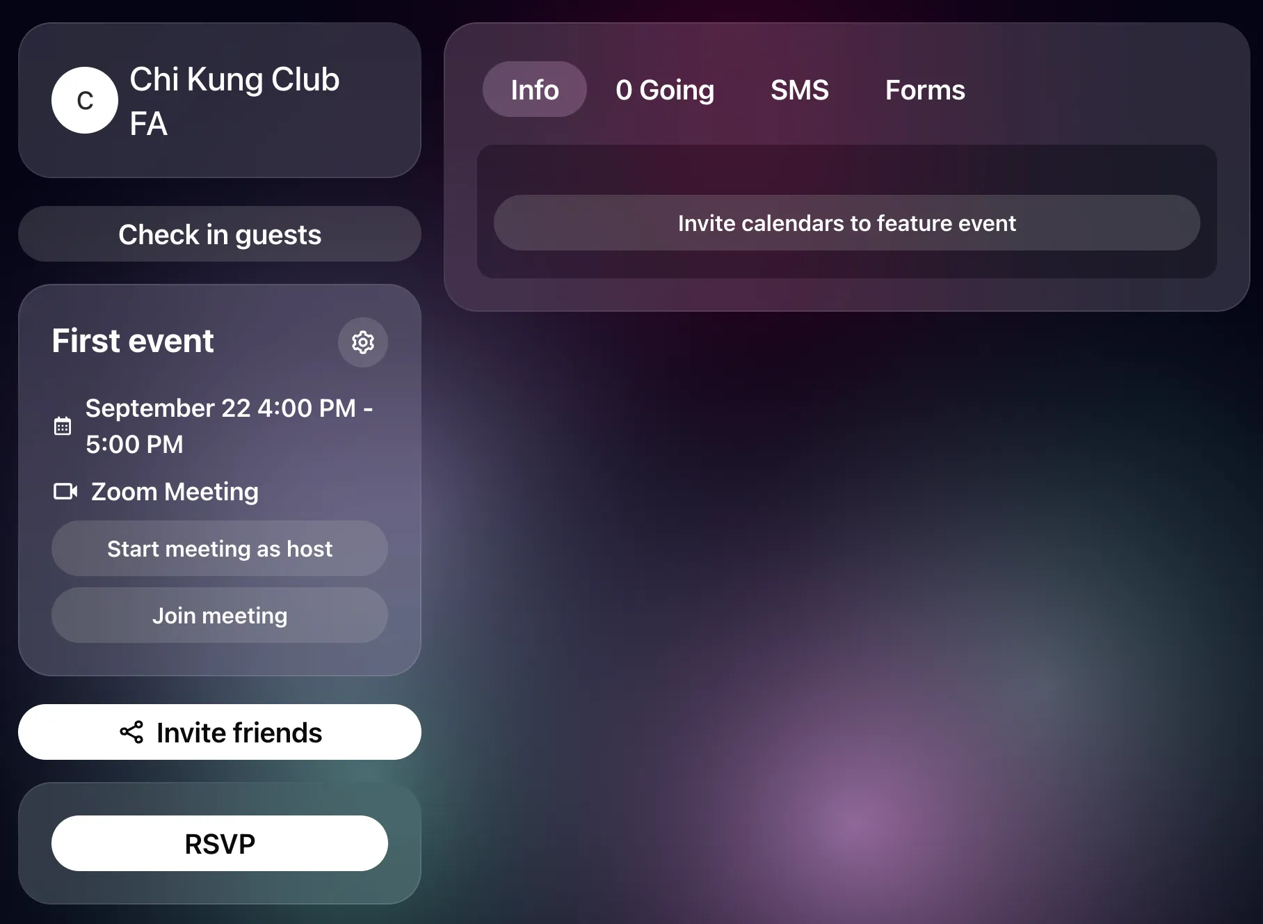Event page with zoom meeting, admin view.