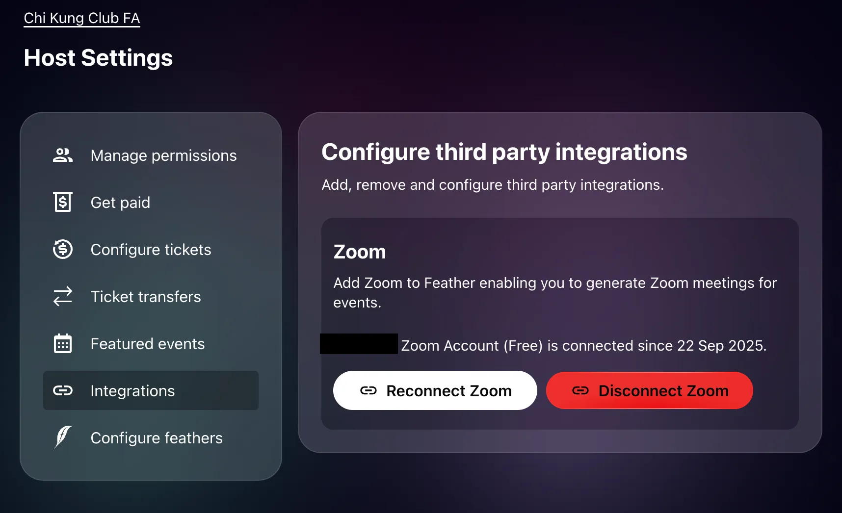 Host integrations settings, zoom connected.