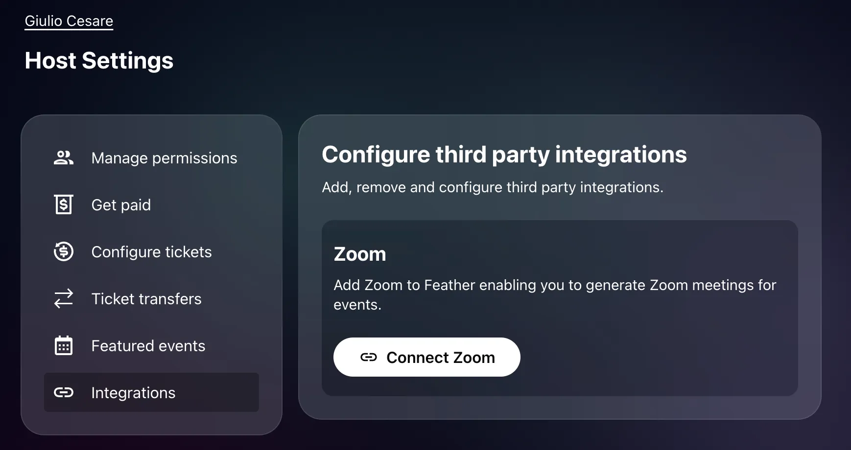 Personal host integrations settings.