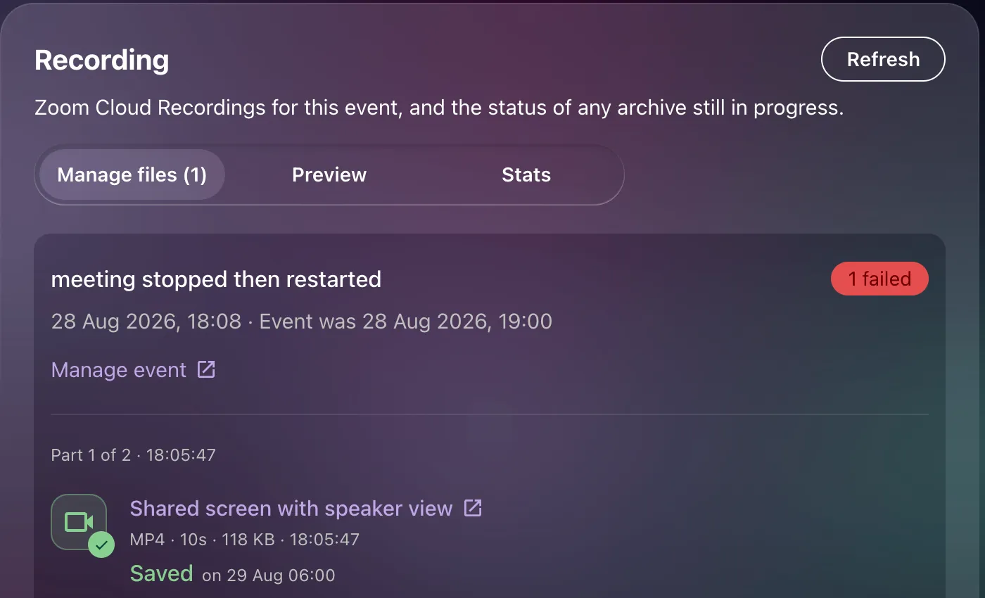The Manage files tab for a recording with two parts: a 1 failed pill on the card, a Part 1 of 2 heading, and a Saved file row.