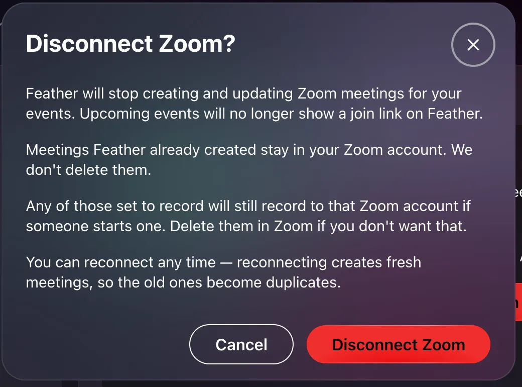 The Disconnect Zoom? confirmation, with Cancel and Disconnect Zoom buttons.